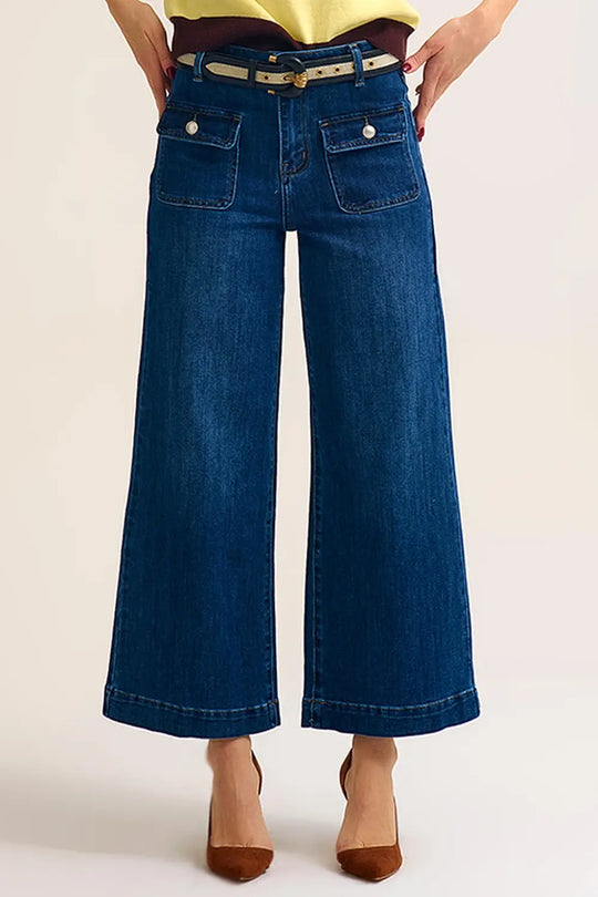 dark wash Blue Wide-Leg Denim Jeans with Button Detail