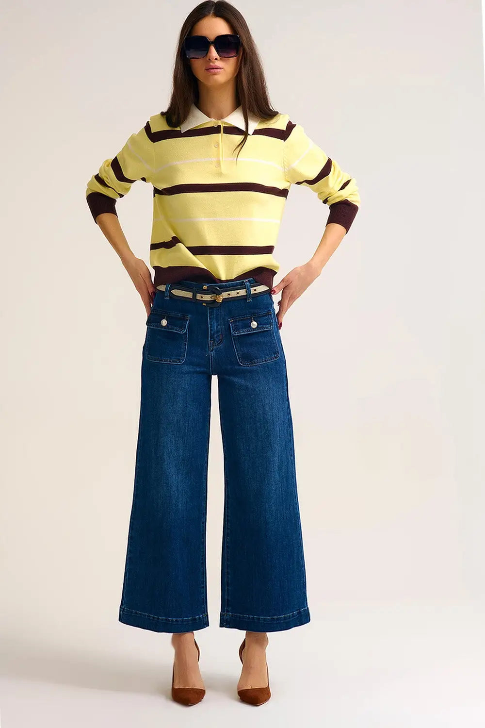 dark wash Blue Wide-Leg Denim Jeans with Button Detail
