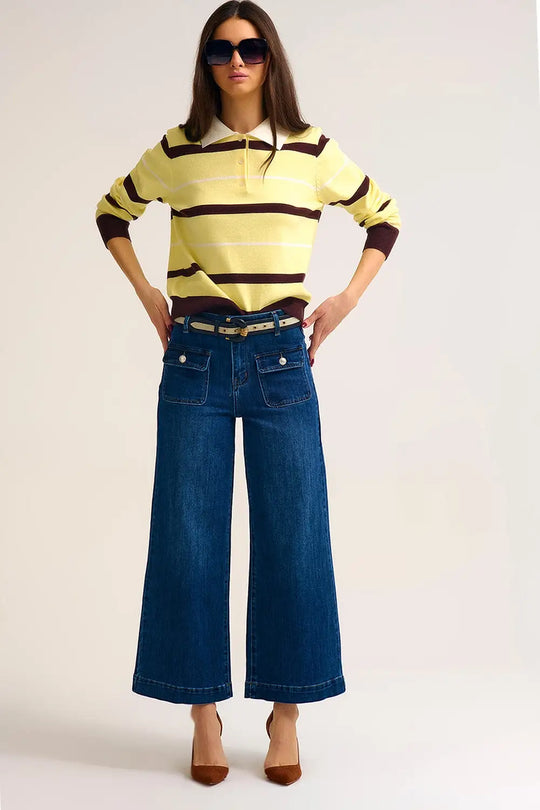 dark wash Blue Wide-Leg Denim Jeans with Button Detail