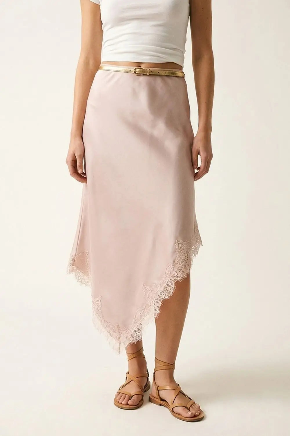 Pink Satin Handkerchief Skirt with Lace Trim - Skirts