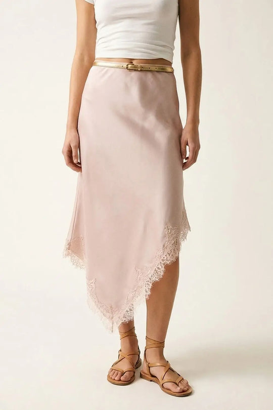Pink Satin Handkerchief Skirt with Lace Trim - Skirts