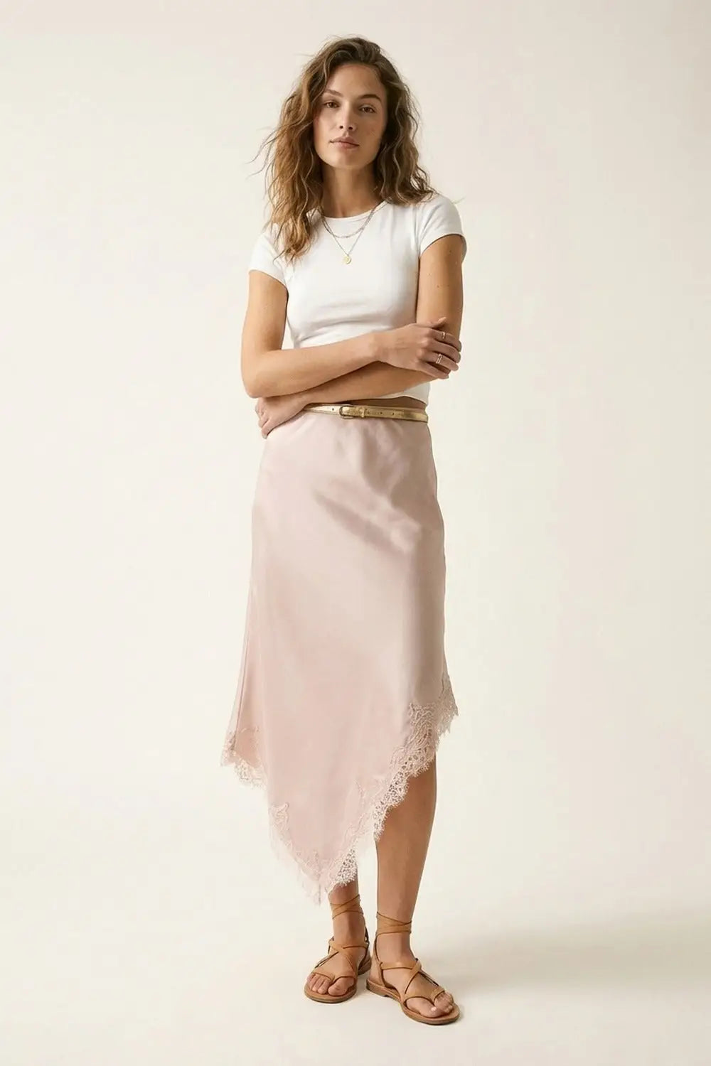 Pink Satin Handkerchief Skirt with Lace Trim - Skirts