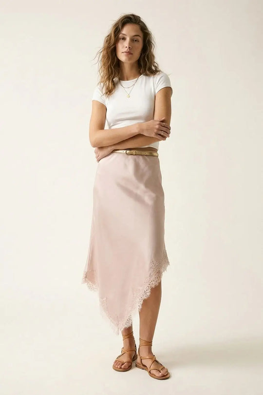 Pink Satin Handkerchief Skirt with Lace Trim - Skirts