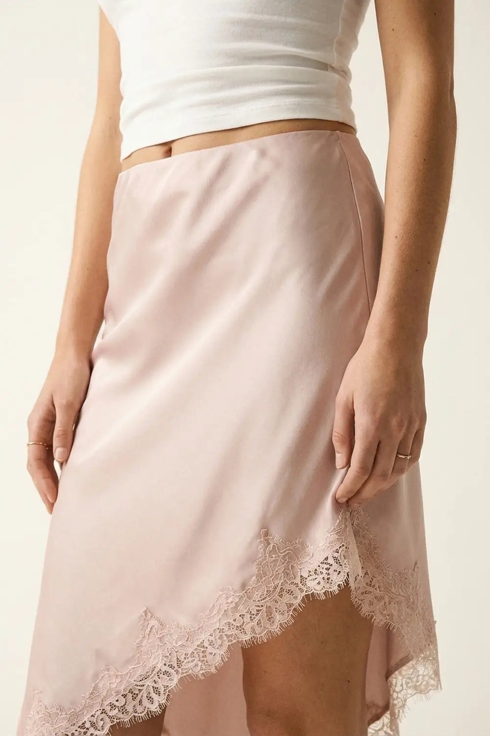 Pink Satin Handkerchief Skirt with Lace Trim - Skirts