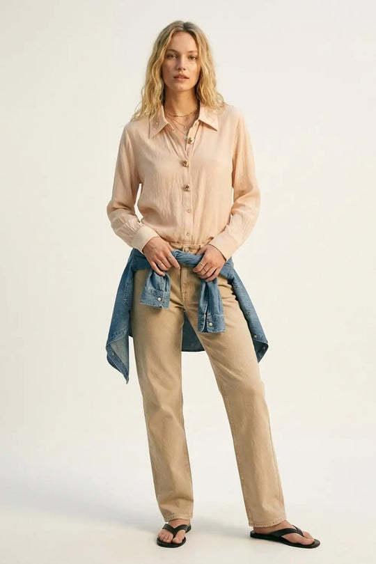 Pink Semi-Sheer Button-Up Shirt with Embroidered sequin Collar - Shirts