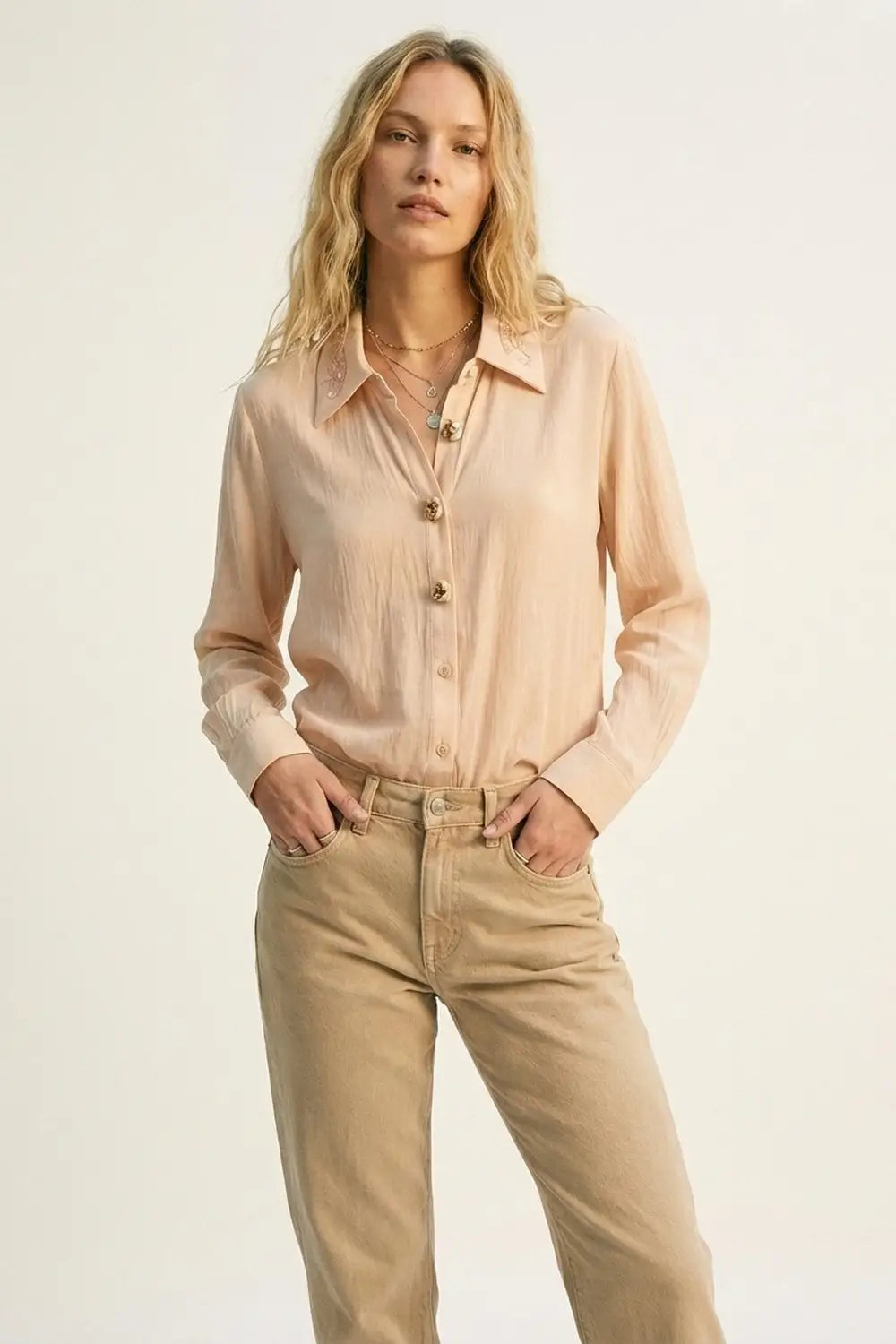 Pink Semi-Sheer Button-Up Shirt with Embroidered sequin Collar - Shirts
