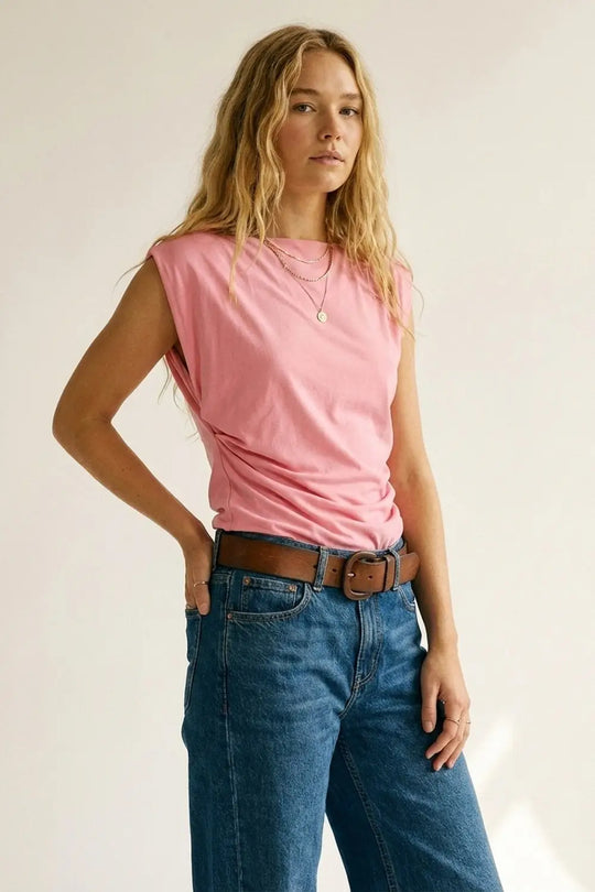 Pink Draped Sleeveless Asymmetric Top for Women - Tops