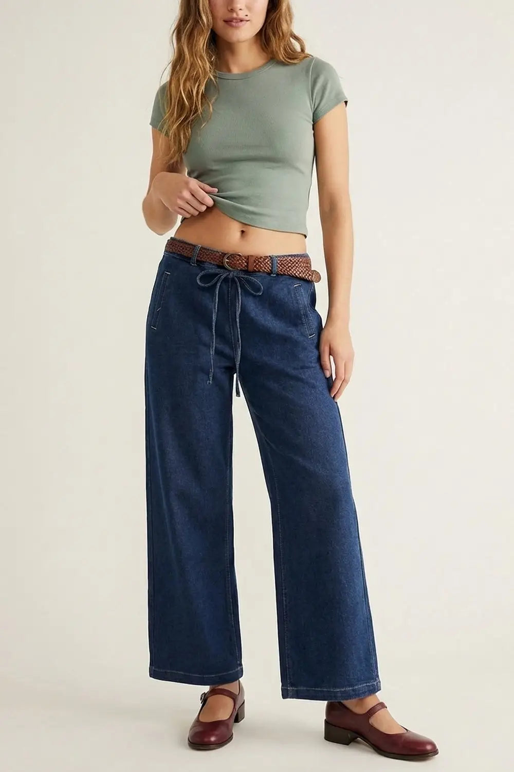 Trendy Wide-Leg Blue Denim Jeans with Tie