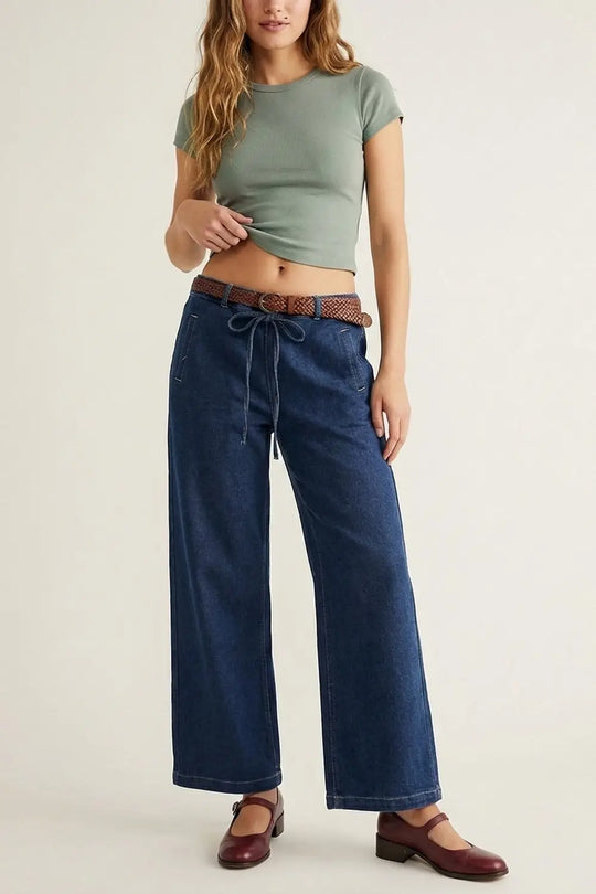 Trendy Wide-Leg Blue Denim Jeans with Tie