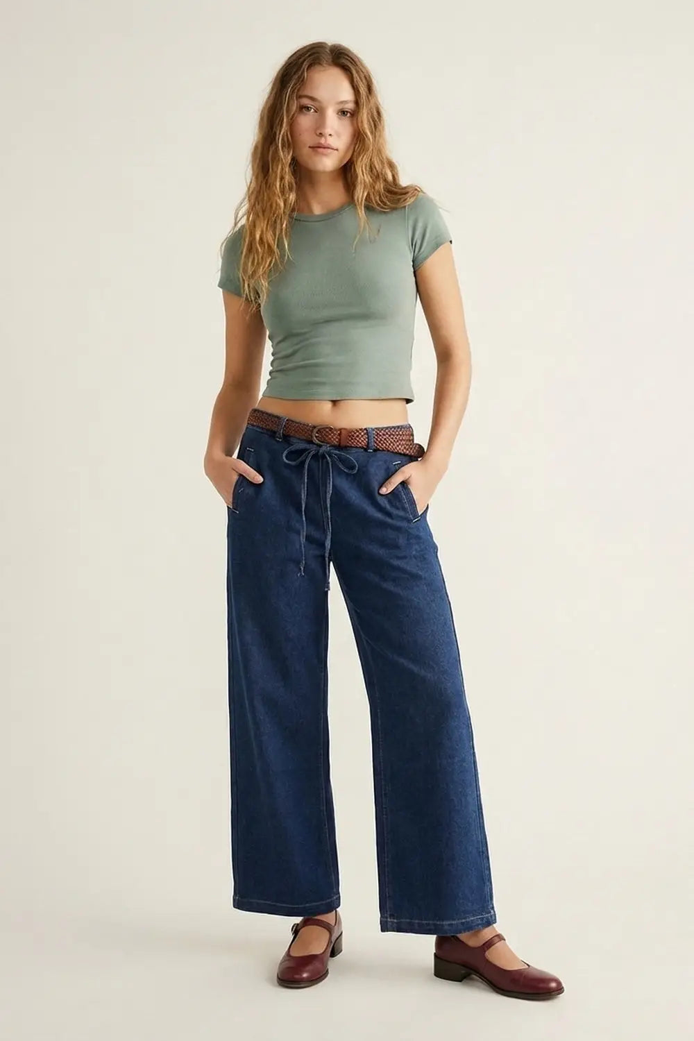 Trendy Wide-Leg Blue Denim Jeans with Tie