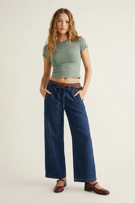 Trendy Wide-Leg Blue Denim Jeans with Tie