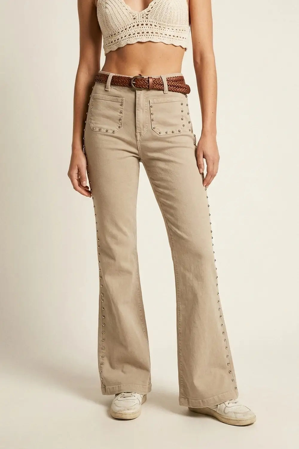 Beige Flared Pants with Studded Side Detail - Pants
