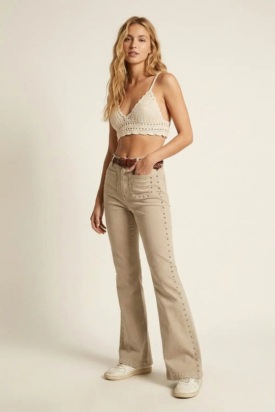 Beige Flared Pants with Studded Side Detail - Pants
