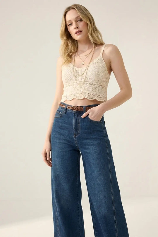 Classic Blue Denim Wide-Leg Jeans with Seam