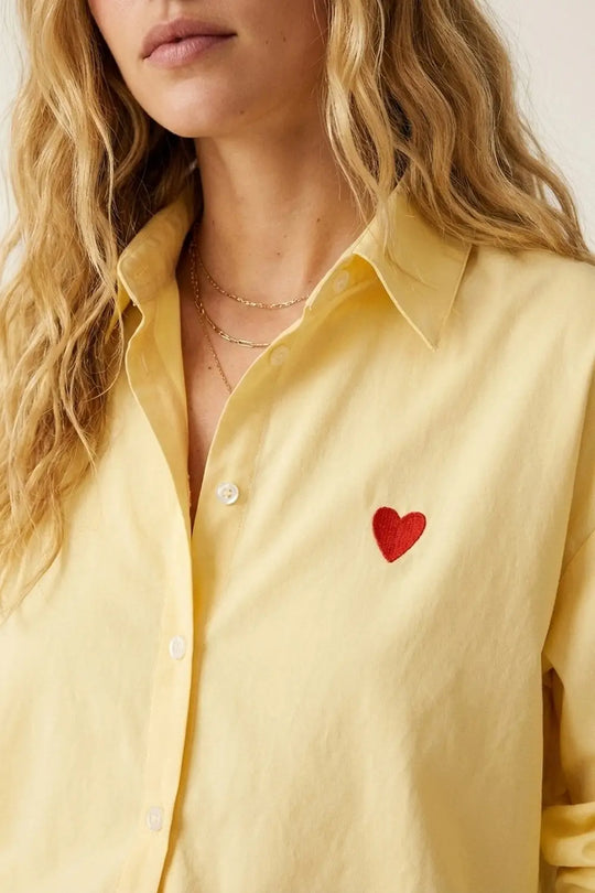 Yellow Button-Down Shirt with Heart Detail - Shirts