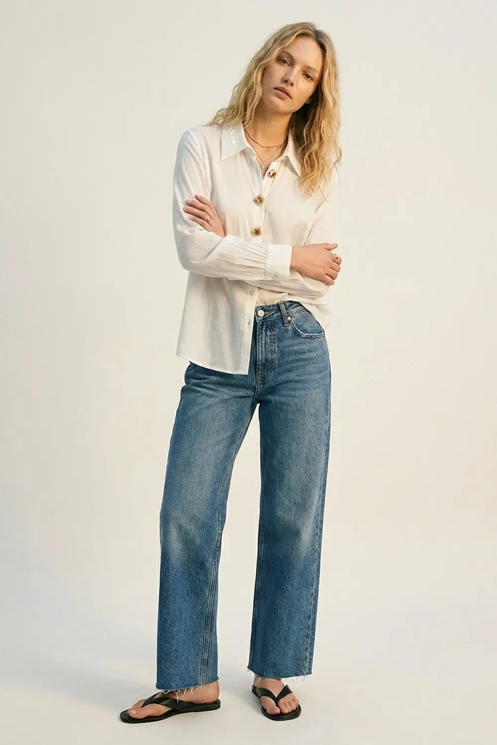 White Button-Front Shirt with Embroidered sequin Collar - Shirts