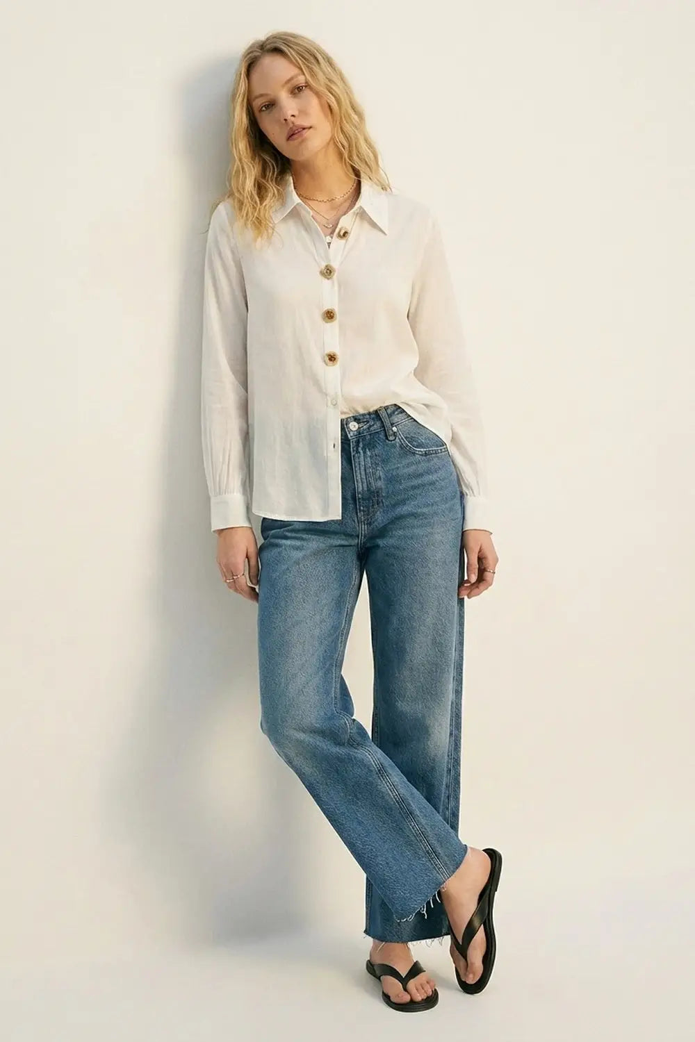 White Button-Front Shirt with Embroidered sequin Collar - Shirts