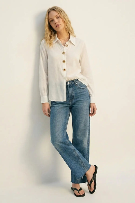 White Button-Front Shirt with Embroidered sequin Collar - Shirts