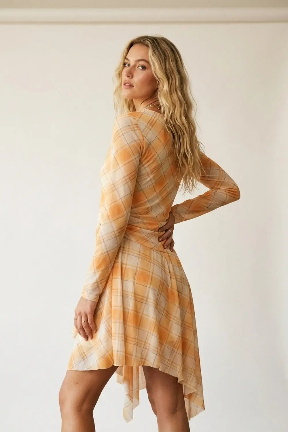 Mesh Fabric Plaid Long Sleeve Asymmetrical Dress in Orange - Dresses