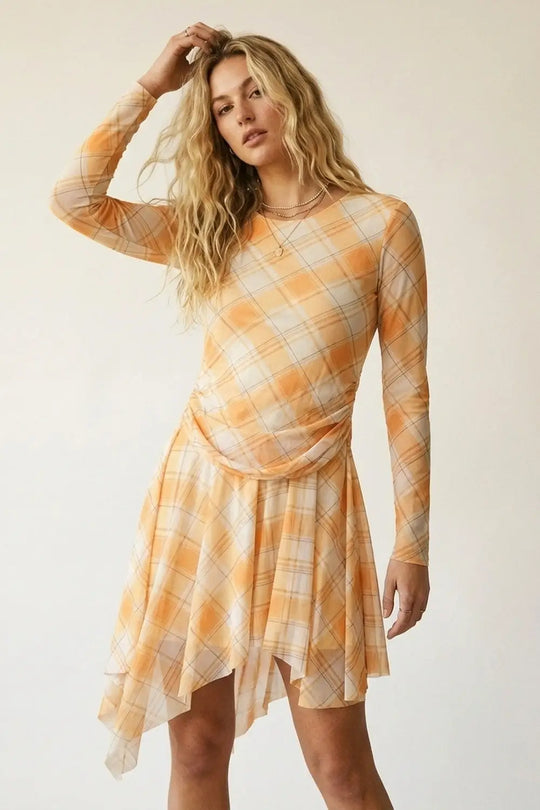 Mesh Fabric Plaid Long Sleeve Asymmetrical Dress in Orange - Dresses