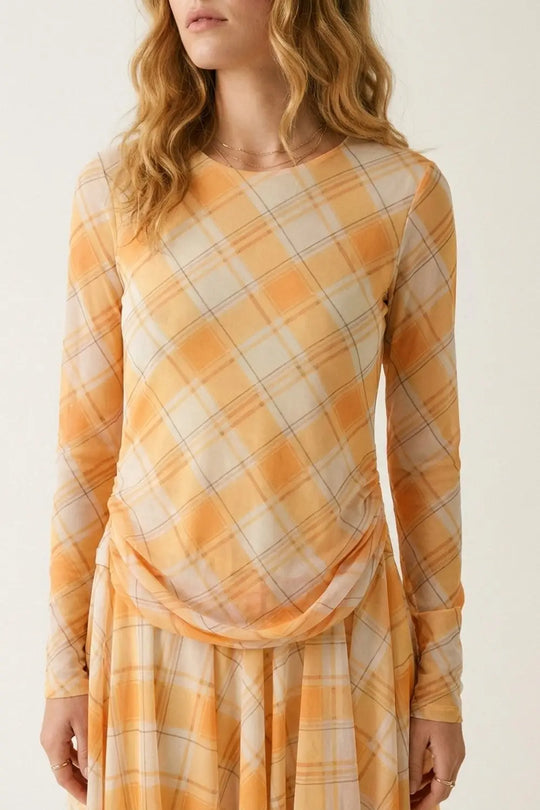 Mesh Fabric Plaid Long Sleeve Asymmetrical Dress in Orange - Dresses