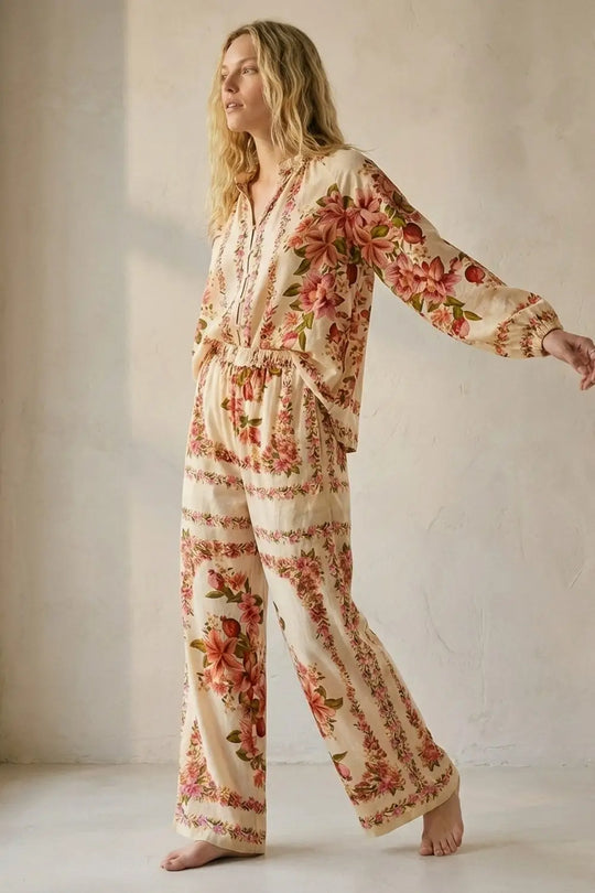 Cream Floral Print Boho Blouse with Drawstring Neck - Shirts
