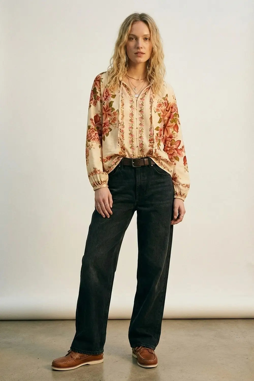 Cream Floral Print Boho Blouse with Drawstring Neck - Shirts