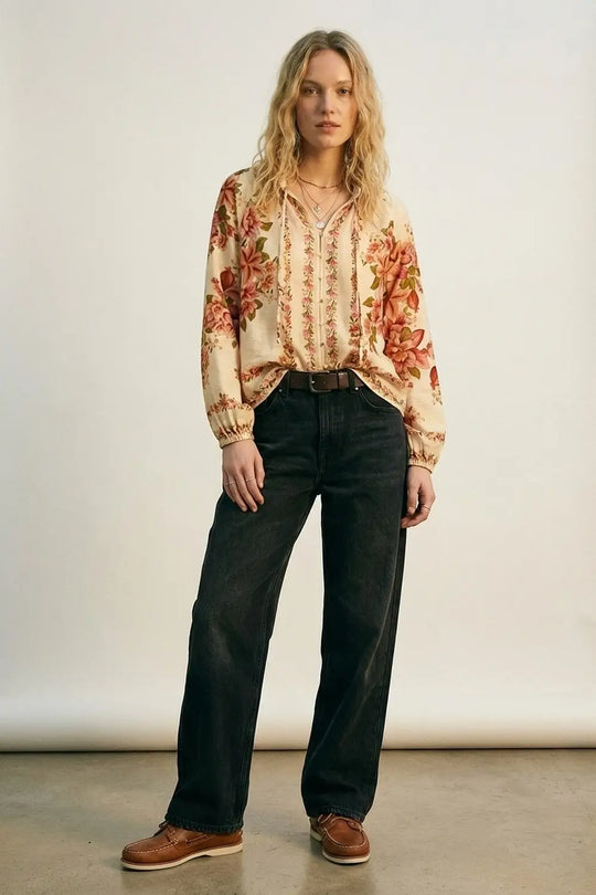 Cream Floral Print Boho Blouse with Drawstring Neck - Shirts