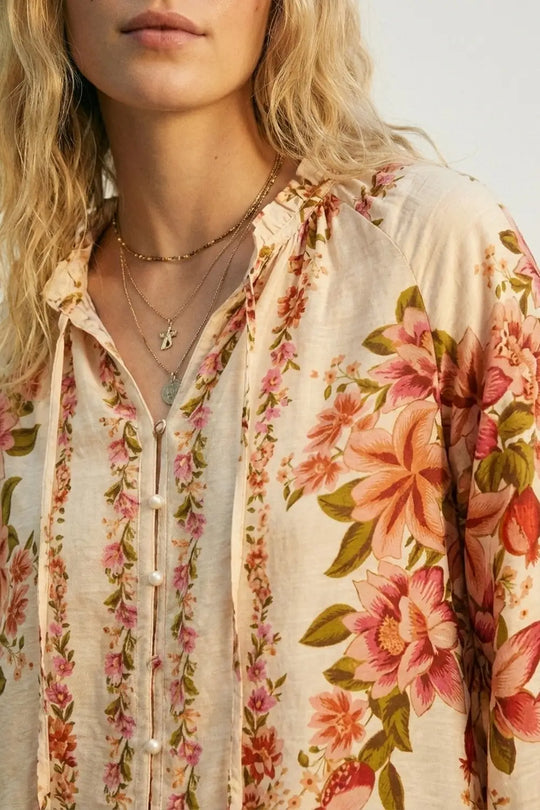 Cream Floral Print Boho Blouse with Drawstring Neck - Shirts