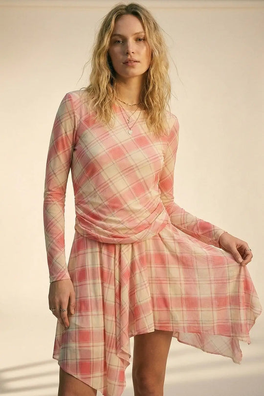 Mesh Fabric Plaid Long Sleeve Asymmetrical Dress in pink - Dresses