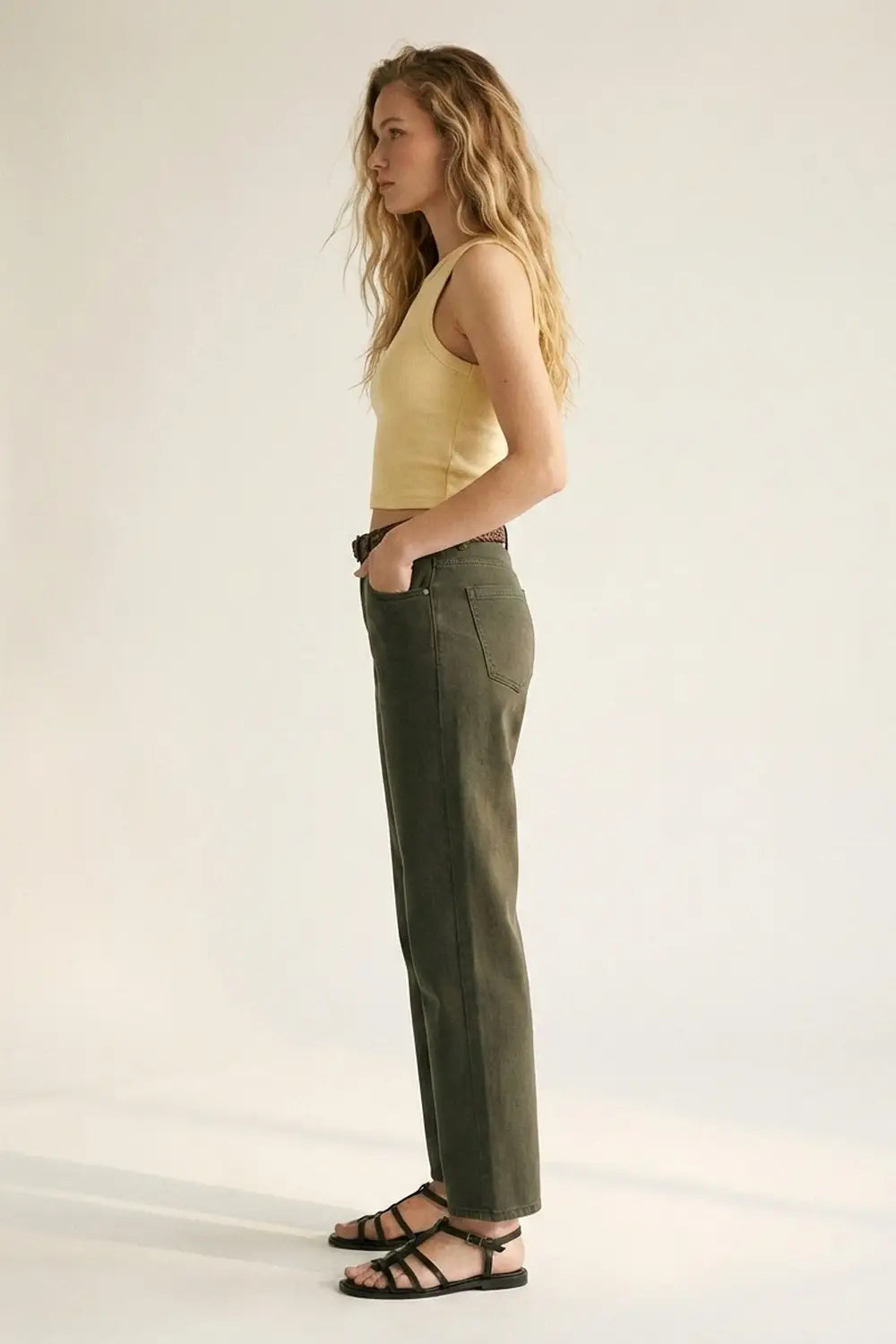 High-Rise Straight-Leg Denim Jeans in Khaki - Colored Jeans