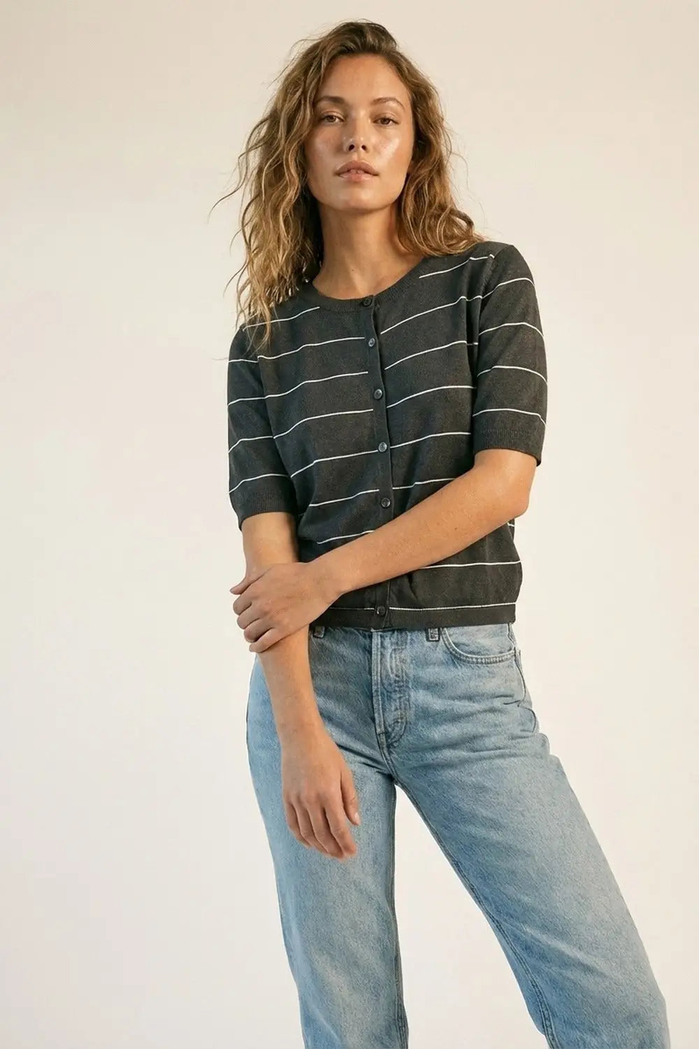 Striped Button-Up Lightweight Cardigan in black - BLACK / ONE - Cardigans