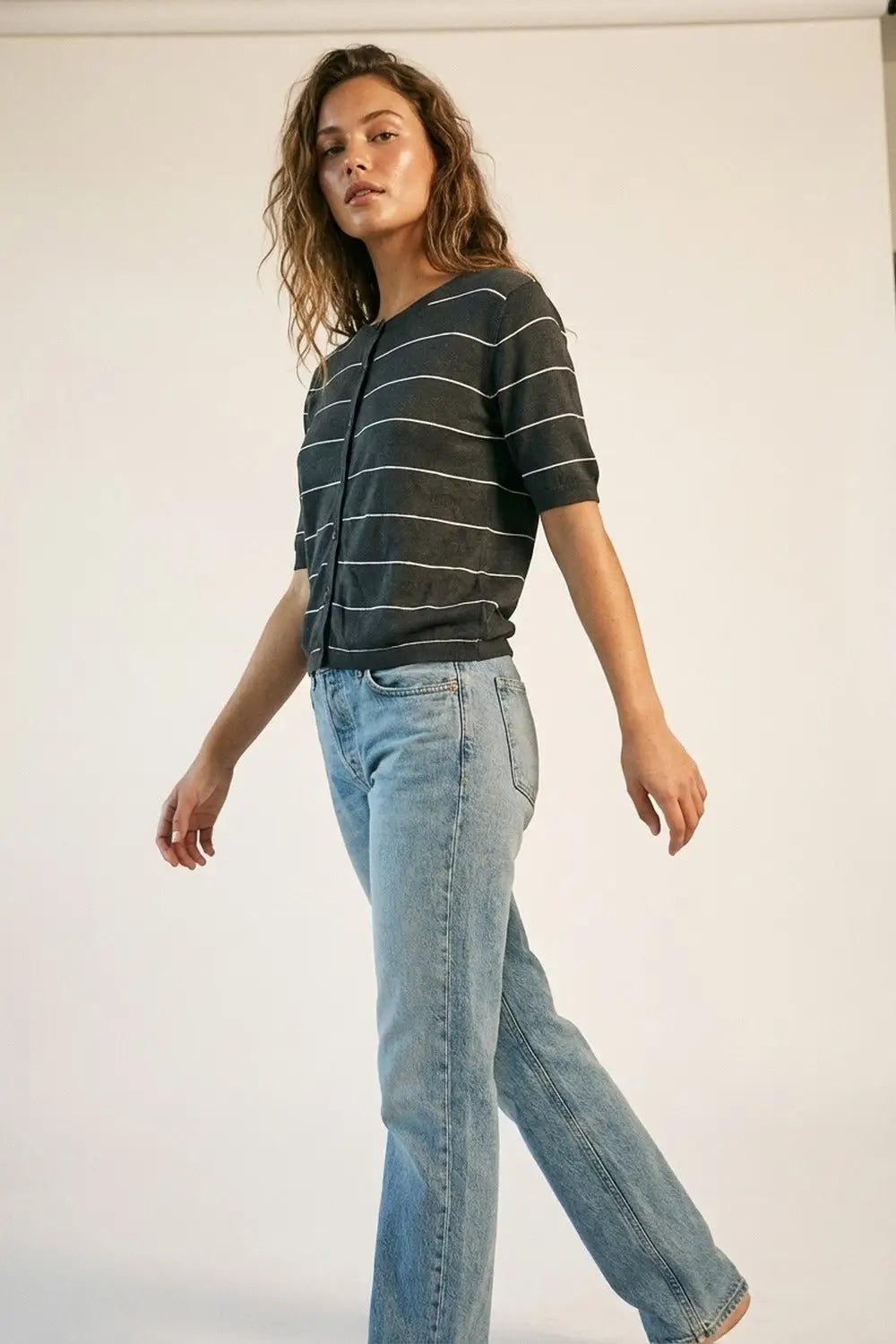 Striped Button-Up Lightweight Cardigan in black - BLACK / ONE - Cardigans