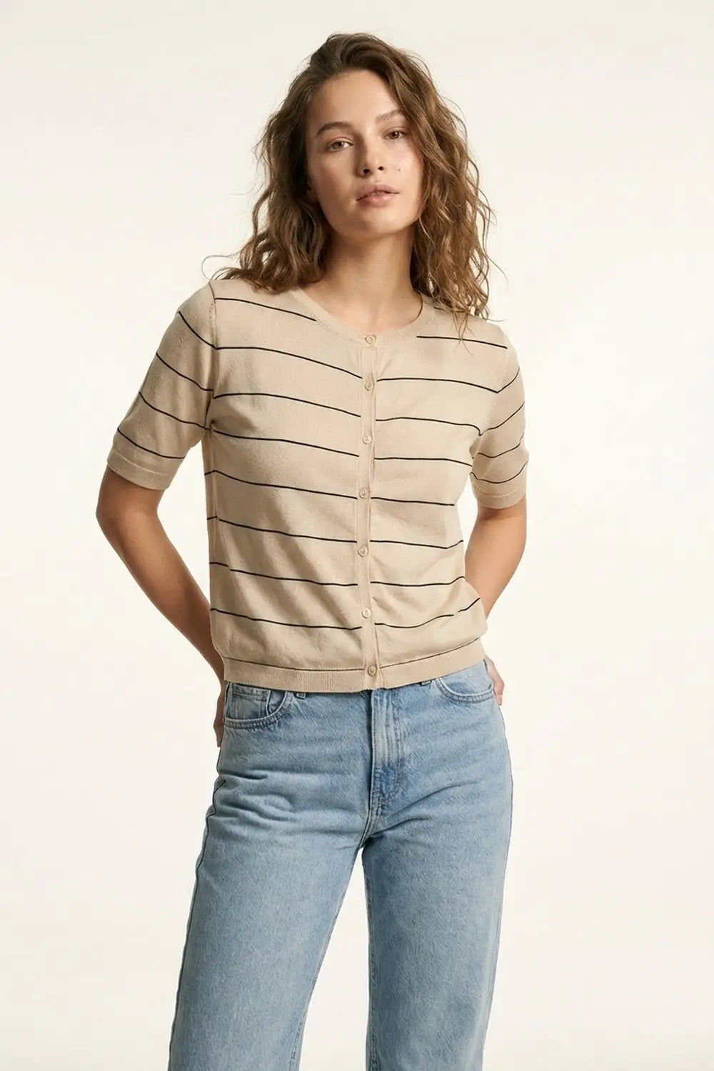Beige Striped Button-Up Short Sleeve Cardigan - BEIGE / ONE - Cardigans