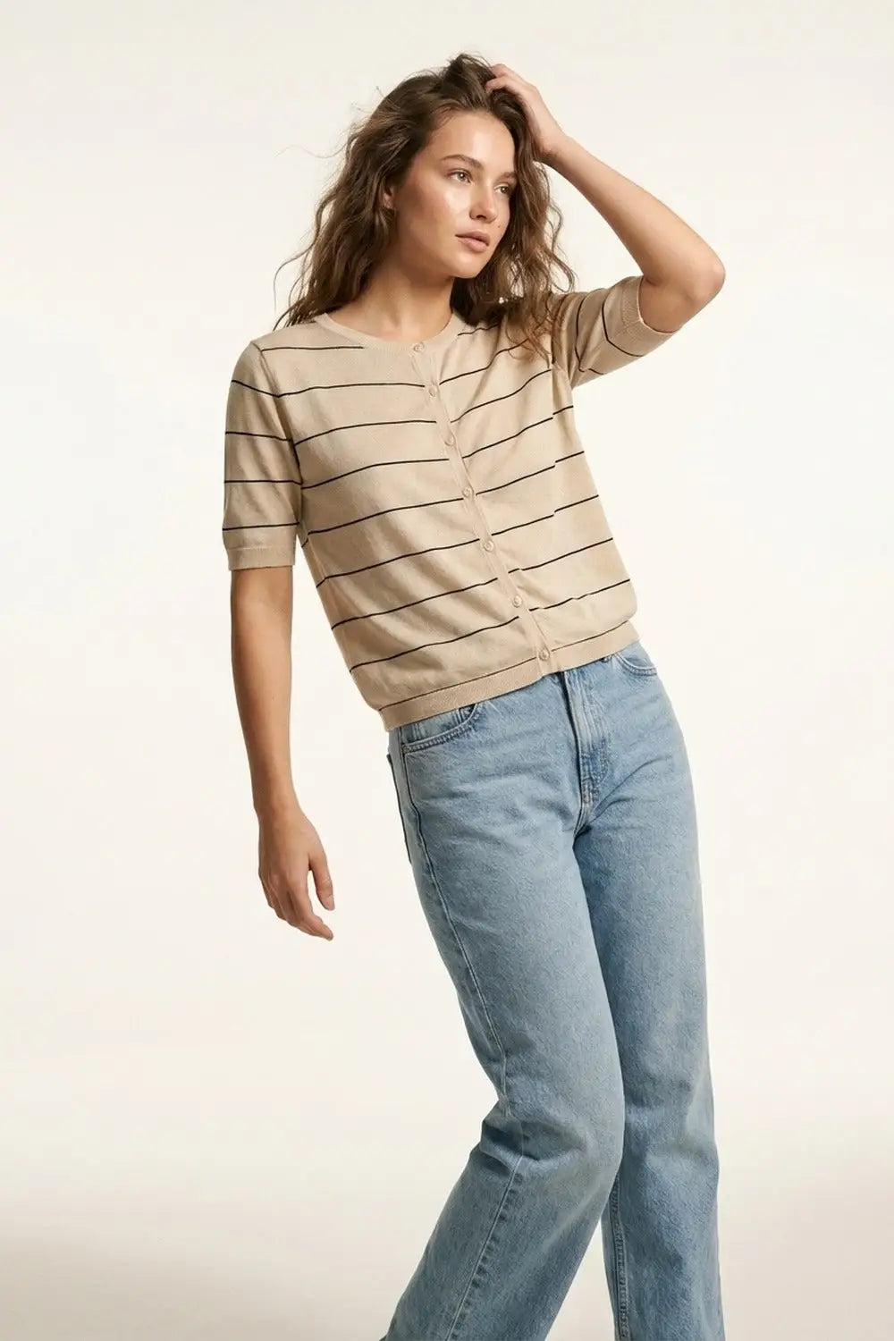 Beige Striped Button-Up Short Sleeve Cardigan - BEIGE / ONE - Cardigans