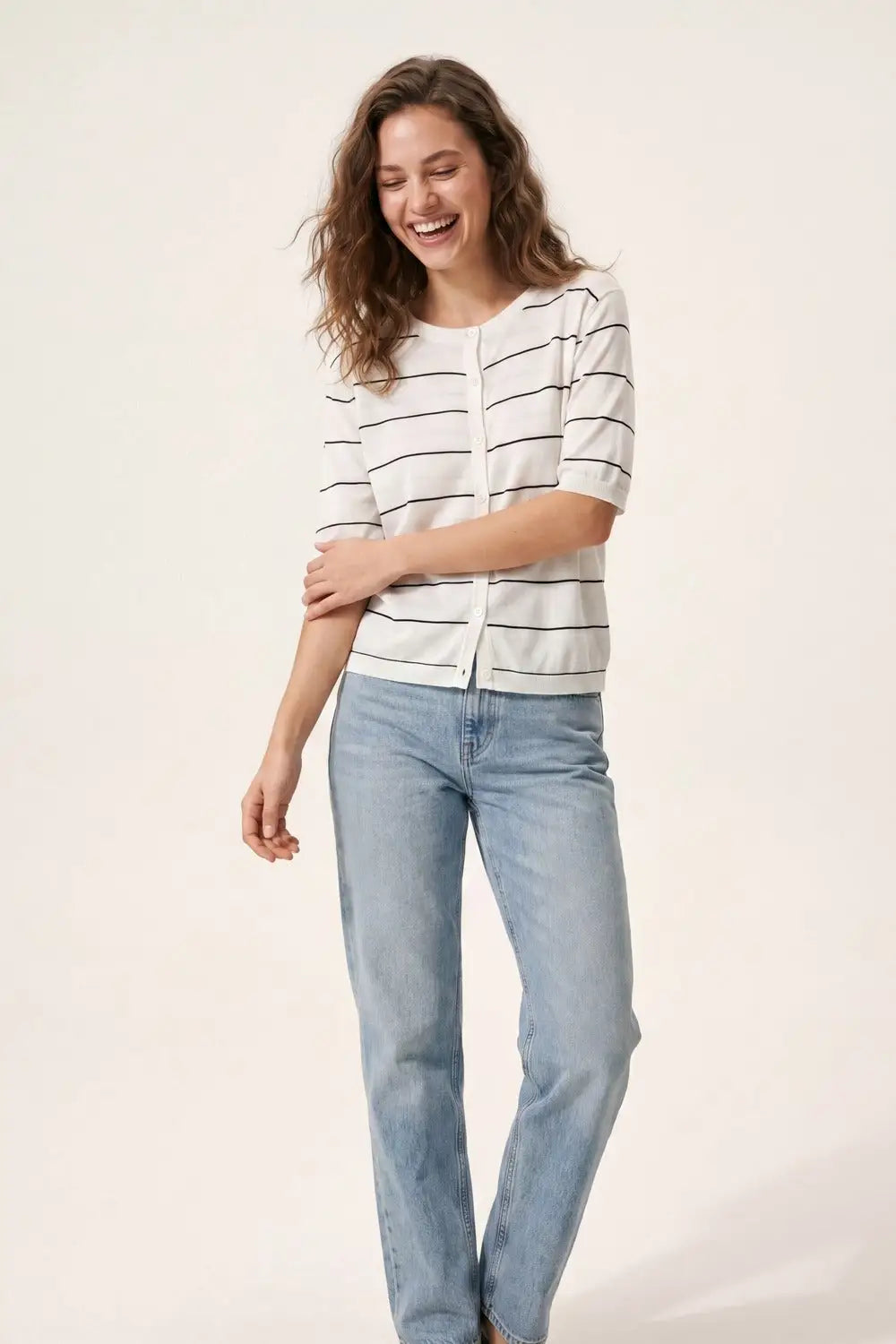 White Striped Knit Button-Front Short Sleeve Cardigan - WHITE / ONE - Sweaters