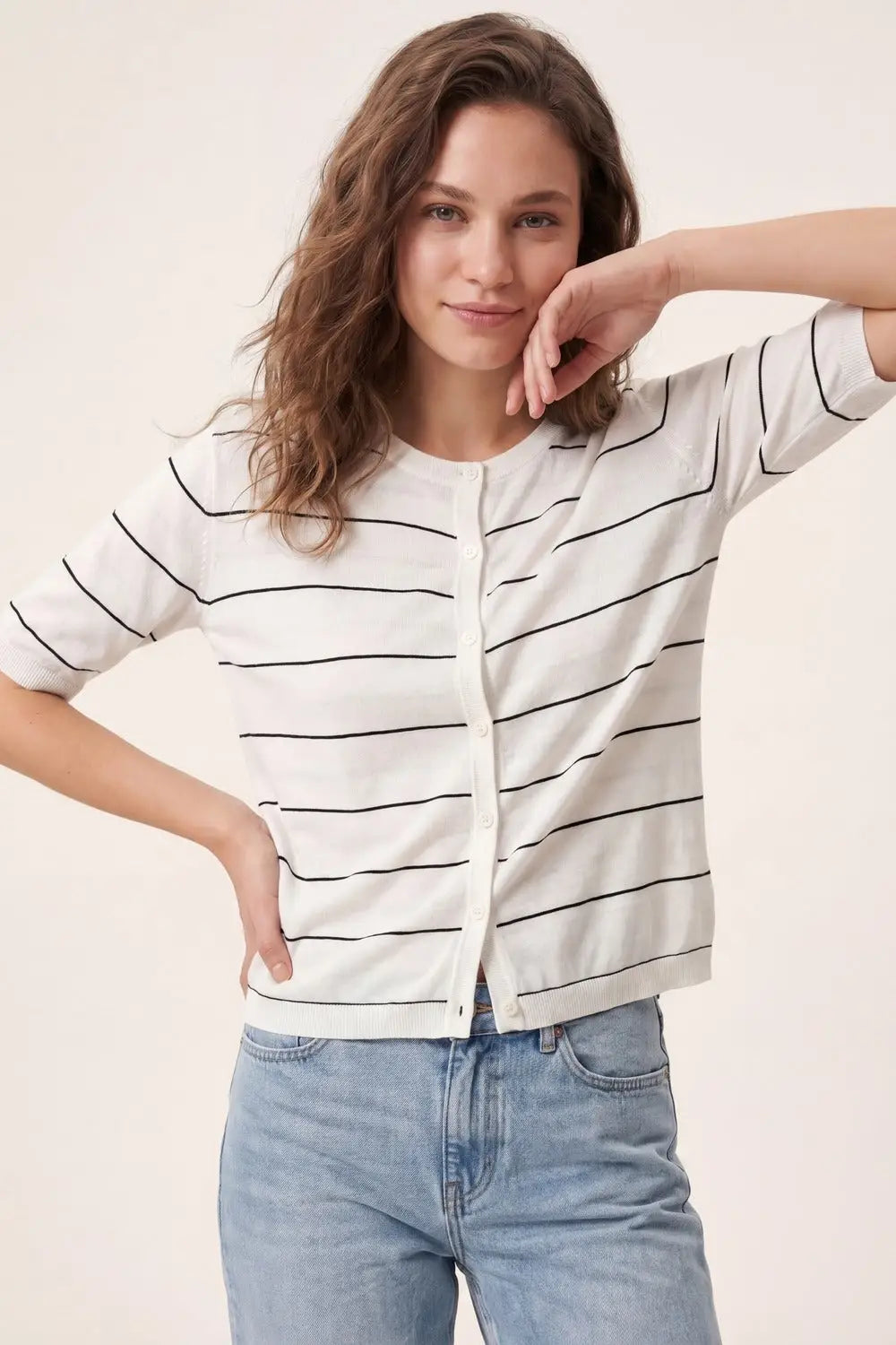 White Striped Knit Button-Front Short Sleeve Cardigan - WHITE / ONE - Sweaters
