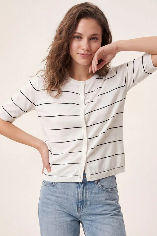 White Striped Knit Button-Front Short Sleeve Cardigan - WHITE / ONE - Sweaters
