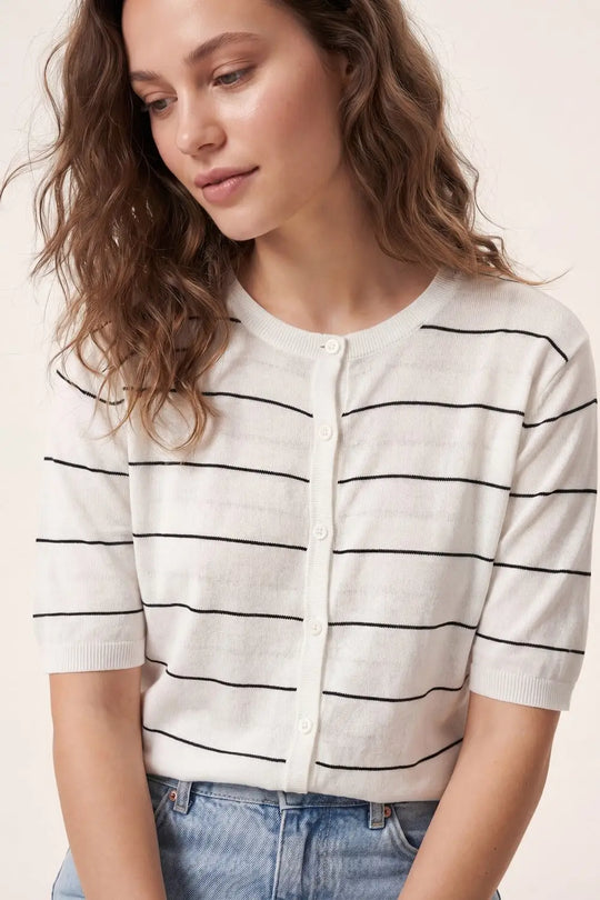 White Striped Knit Button-Front Short Sleeve Cardigan - WHITE / ONE - Sweaters