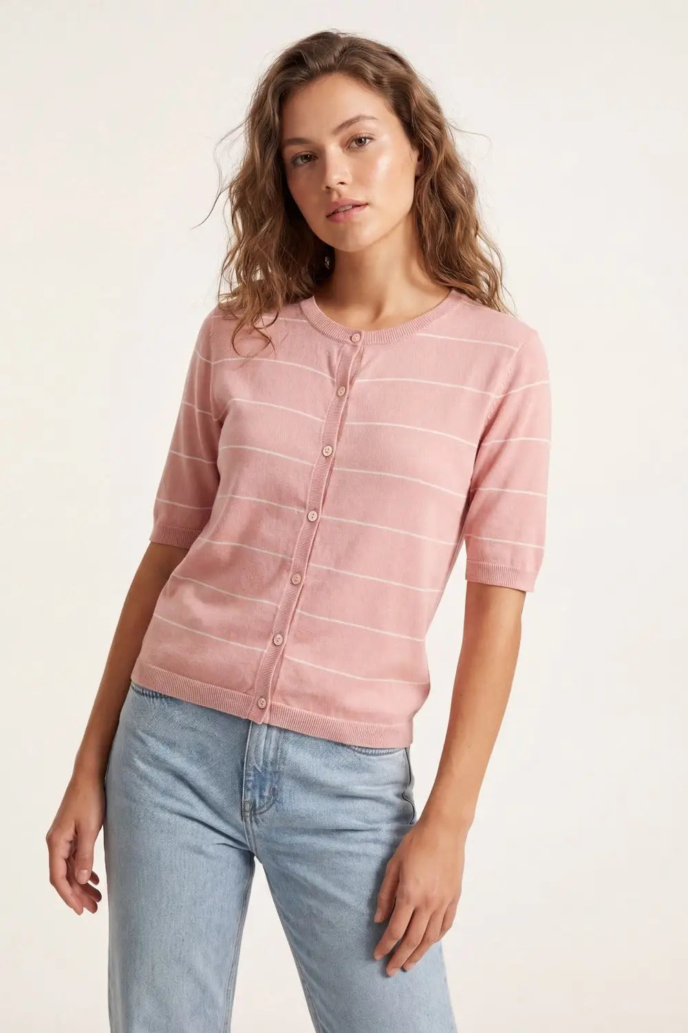 Pink Striped Knit Button-Up Cardigan with short sleeves - PINK / ONE - Cardigans