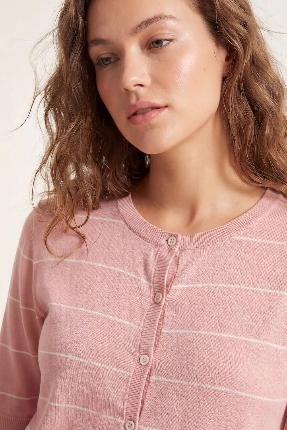 Pink Striped Knit Button-Up Cardigan with short sleeves - PINK / ONE - Cardigans