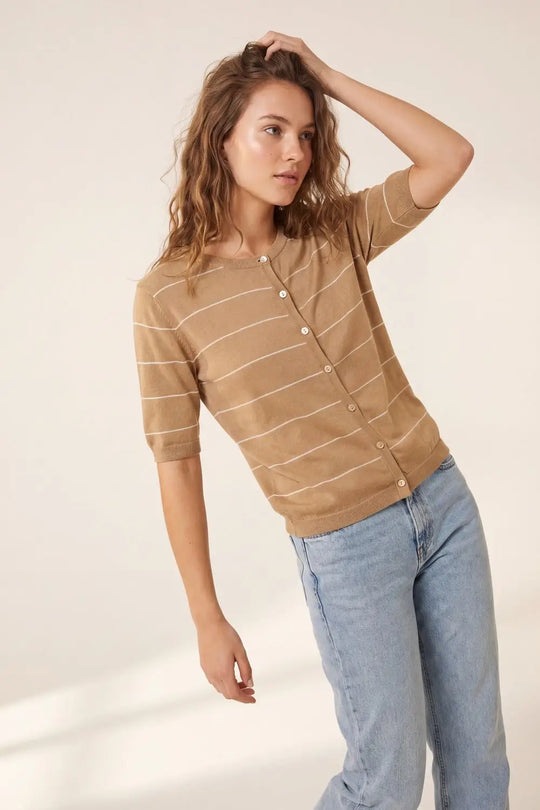 Camel Striped Short Sleeve Button-Up Cardigan - CAMEL / ONE - Cardigans