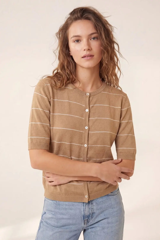 Camel Striped Short Sleeve Button-Up Cardigan - CAMEL / ONE - Cardigans