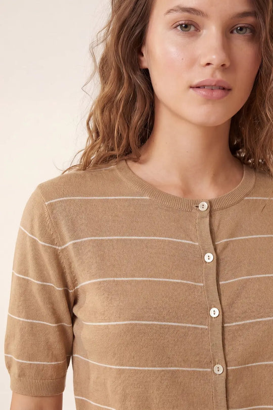 Camel Striped Short Sleeve Button-Up Cardigan - CAMEL / ONE - Cardigans