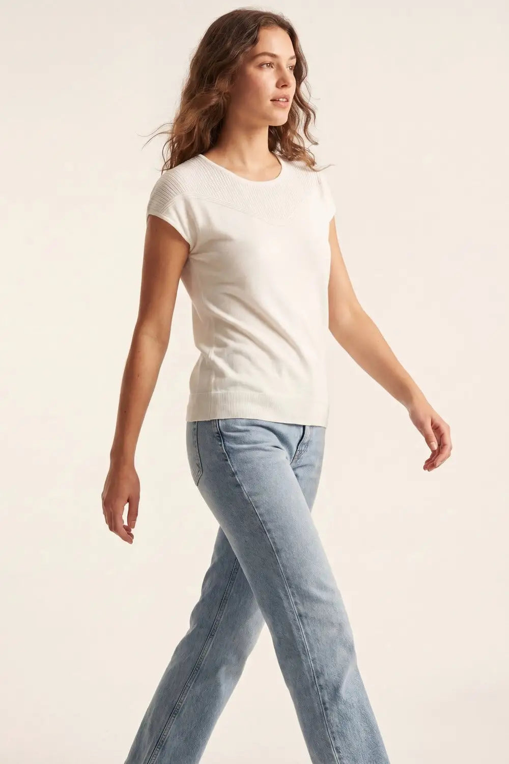 white Knit Short Sleeve sweater with Textured Detail - WHITE / ONE - Sweaters