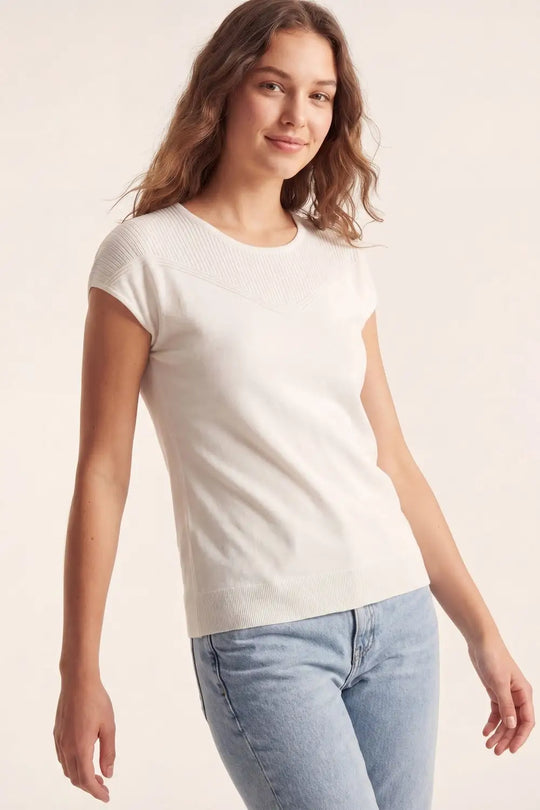 white Knit Short Sleeve sweater with Textured Detail - WHITE / ONE - Sweaters