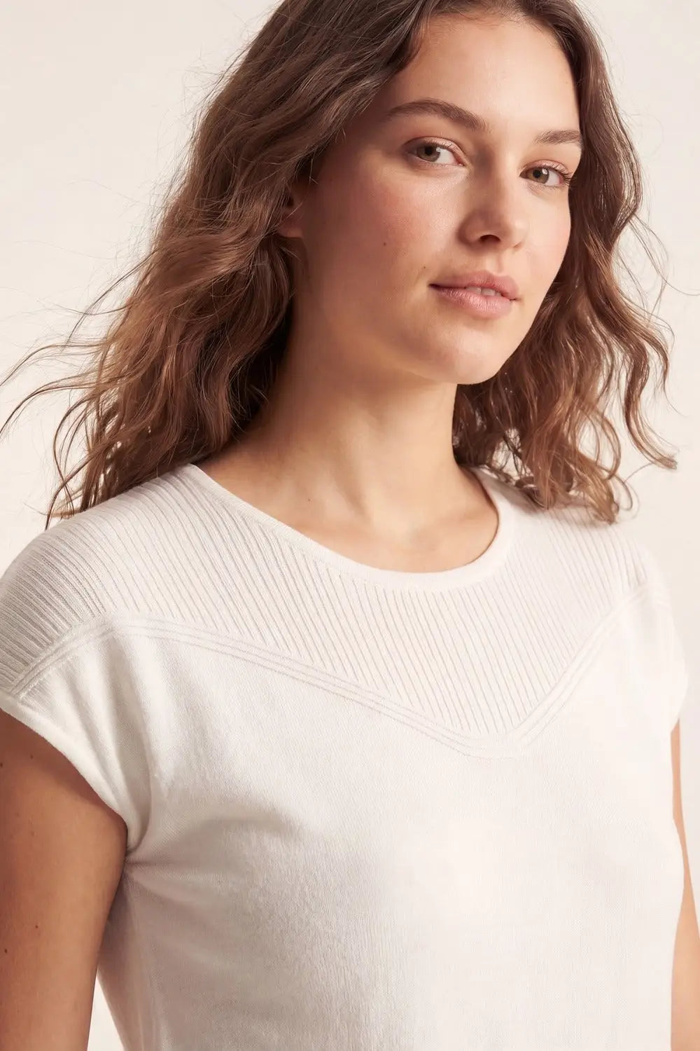 white Knit Short Sleeve sweater with Textured Detail - WHITE / ONE - Sweaters
