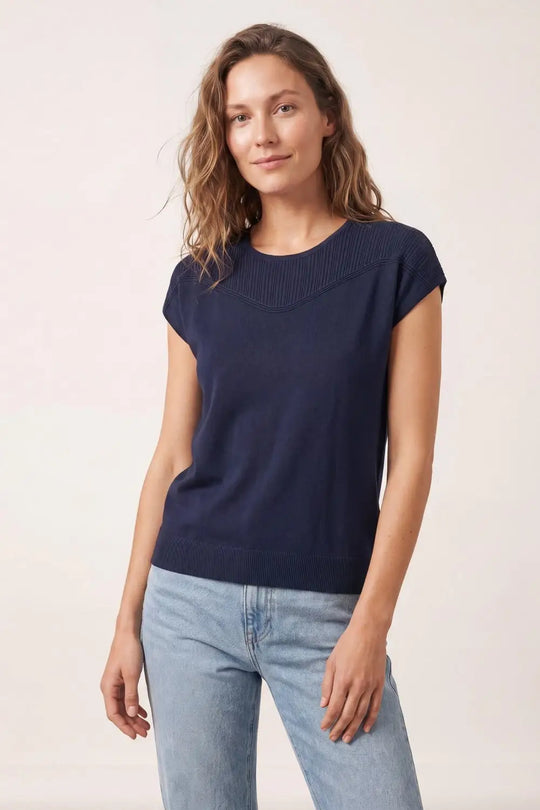 Navy Knit sweater with Ribbed Detail and Cap Sleeves - NAVY / ONE - Sweaters