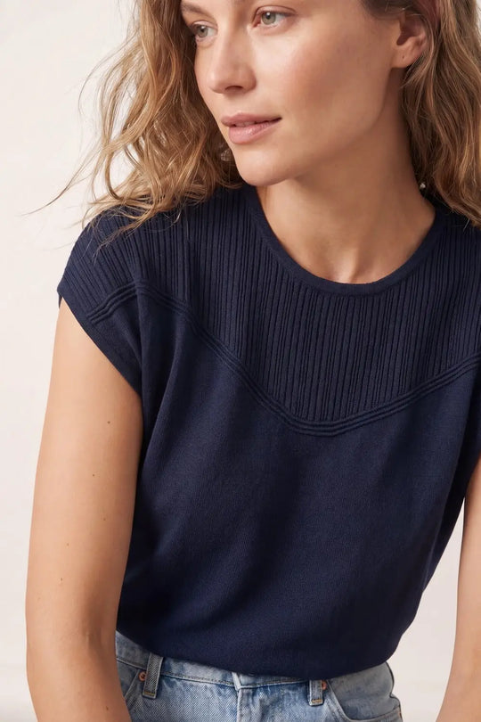 Navy Knit sweater with Ribbed Detail and Cap Sleeves - NAVY / ONE - Sweaters