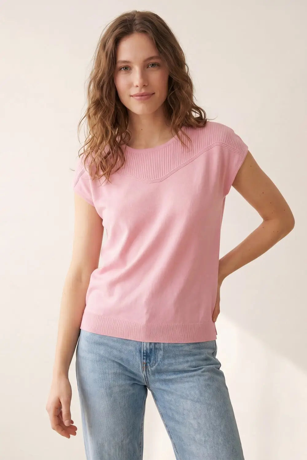 Pink Knit Short Sleeve Sweater with Ribbed Detail - PINK / ONE - Sweaters